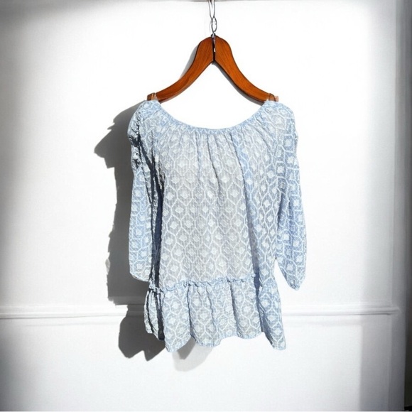 🌻DEMOCRACY Blue Semi-Sheer Lightweight Peplum Tie-up Sleeve Blouse Size Large - Picture 1 of 6